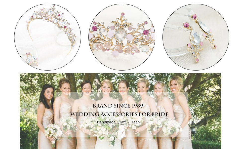 Yean Gold Wedding Crown Bridal Tiaras with Earrings Pink Purple Headband for Women and Girls (Pink) 