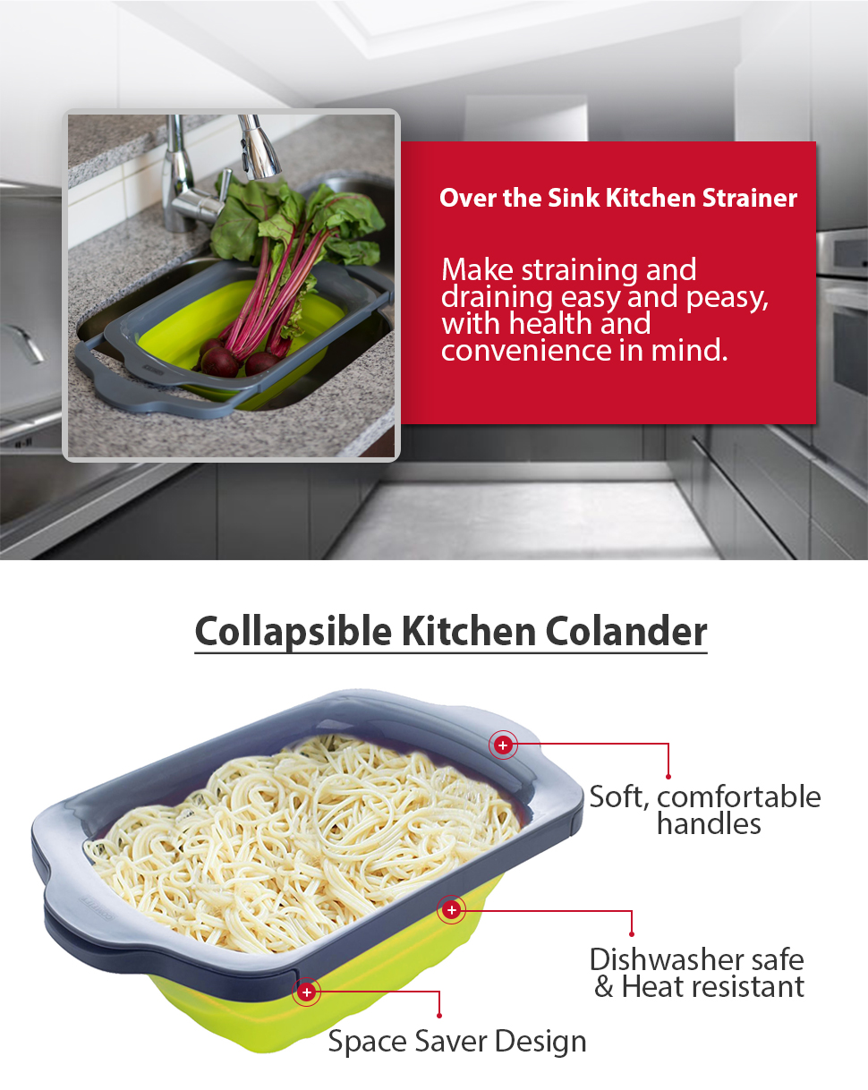 Colander Collapsible Green & Grey Over the Sink Colander with