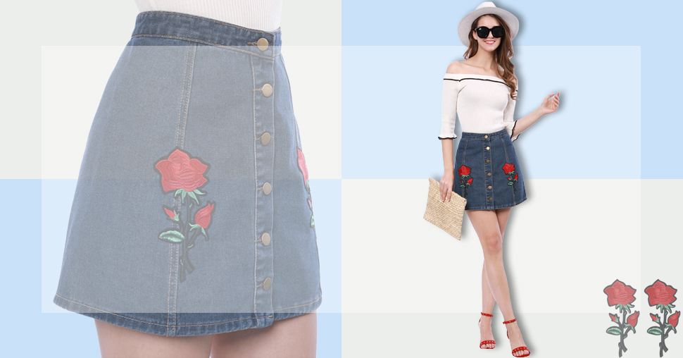 denim skirt with flowers