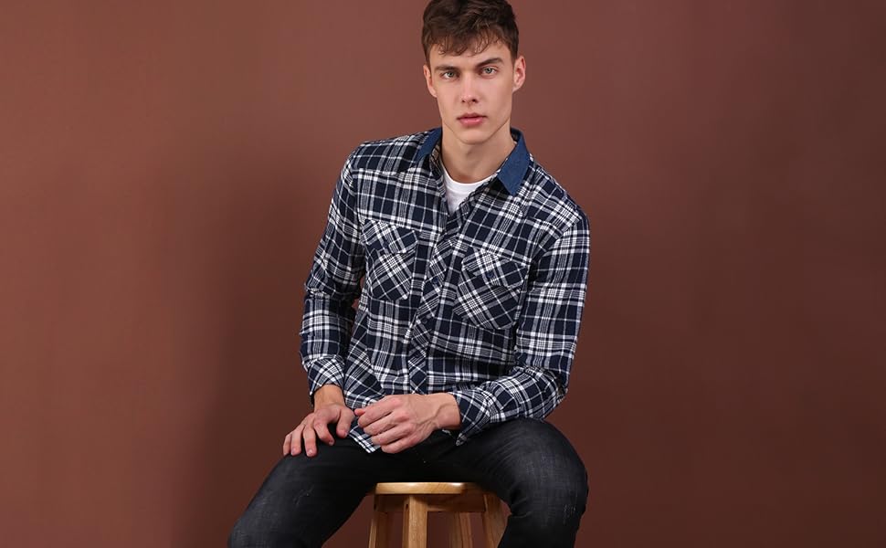plaid shirt with denim collar