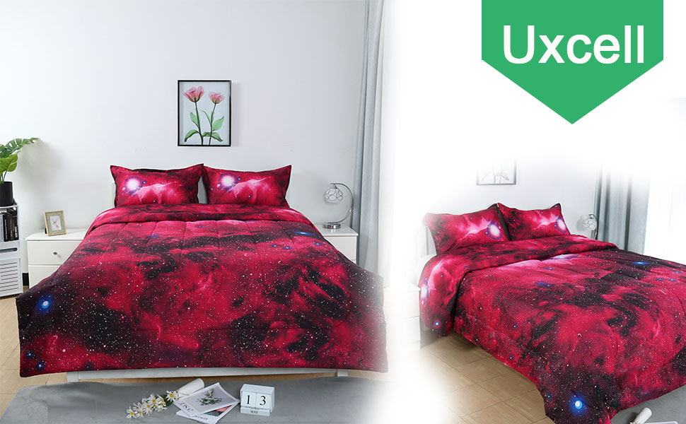 uxcell Full/Queen Size Galaxies Red Comforter Sets 3D