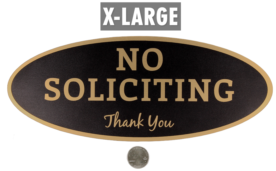 No Soliciting Sign - Laser Engraved Sign - Extra Large - 4.5" x 11", Black with Gold Letters