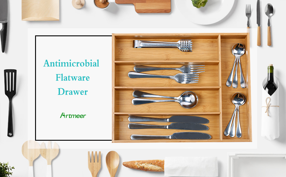 Organic Bamboo Wooden Cutlery Drawer Organizer With 5 Compartments