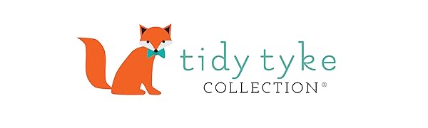 Tidy Tyke Collection brand logo. Teal letters with orange fox wearing a bow tie. Better baby product