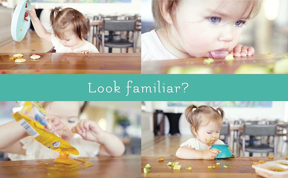 Problems with babies eating out. Dumping a plate and bowl, licking a table, squeezing a pouch. Mess 