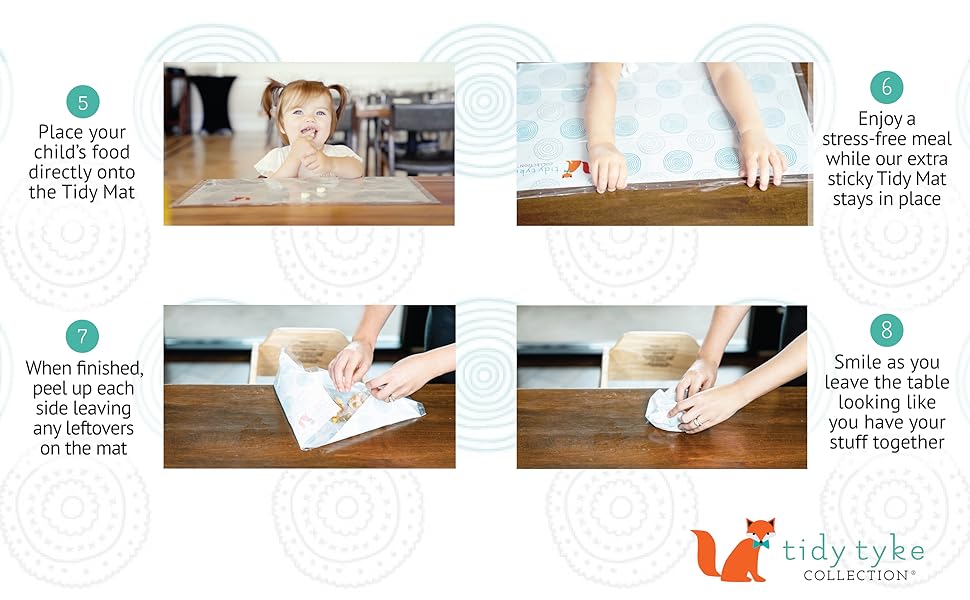 Baby eating neatly on mat, baby hands can't pull up mat, easy clean up folding the mat up with trash