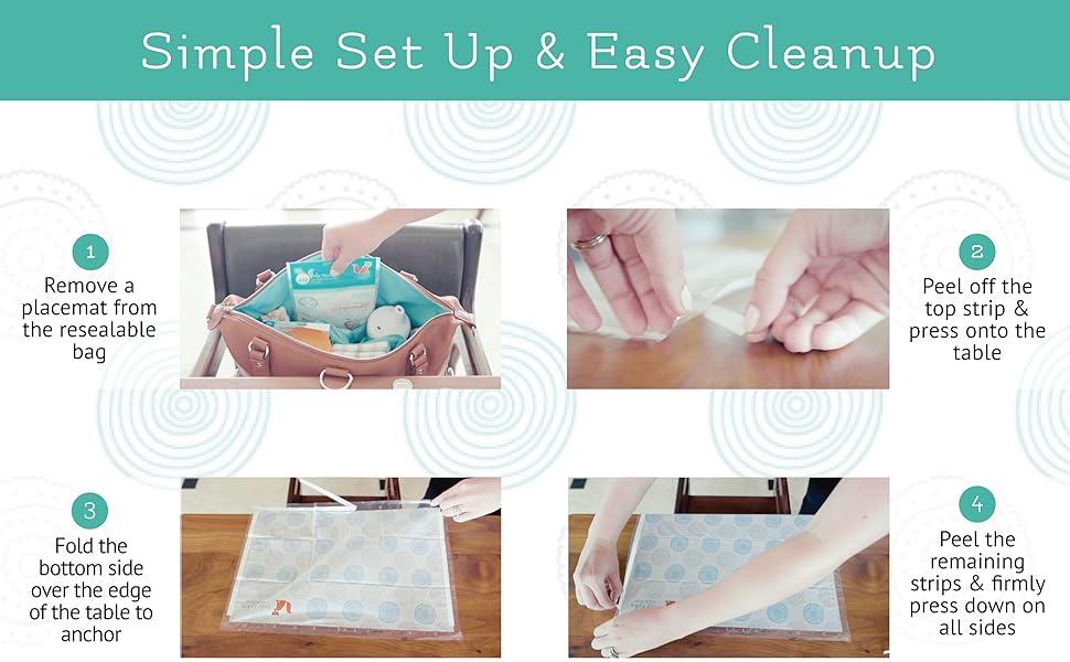 Simple set up and easy clean up. Remove the mat, peel strips, stick to table. Bottom over the edge