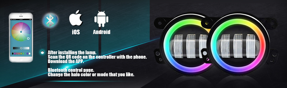 7" 60W LED Headlights w/RGB Halo Ring + 4" RGB Fog Lights Led Combo Headlamp W/Amber Turn Lights