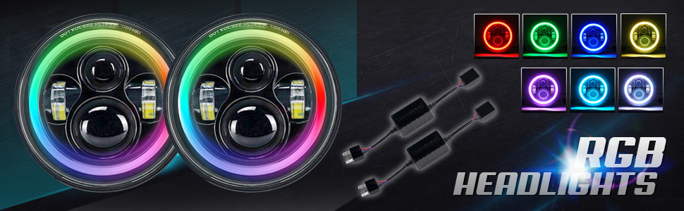 7" 60W LED Headlights w/RGB Halo Ring + 4" RGB Fog Lights Led Combo Headlamp W/Amber Turn Lights