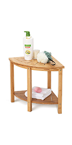 Corner Shower Stool Bamboo Shower Bench with Storage Shelf, Wooden Spa Bath Organizer Seat