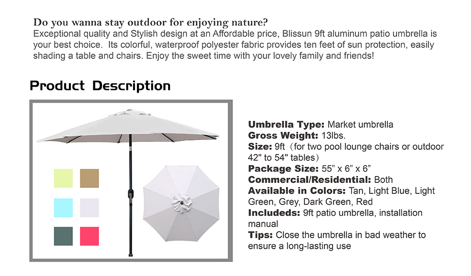 Blissun 9' Patio Umbrella Aluminum Semiauto Autotilt and