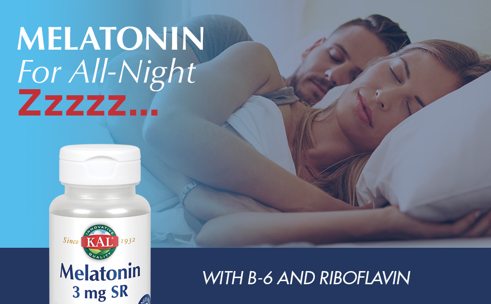 KAL Melatonin Sustained Release 3mg 100% Pure Vitamin B6 & Riboflavin Relaxation Support 60 Tablets