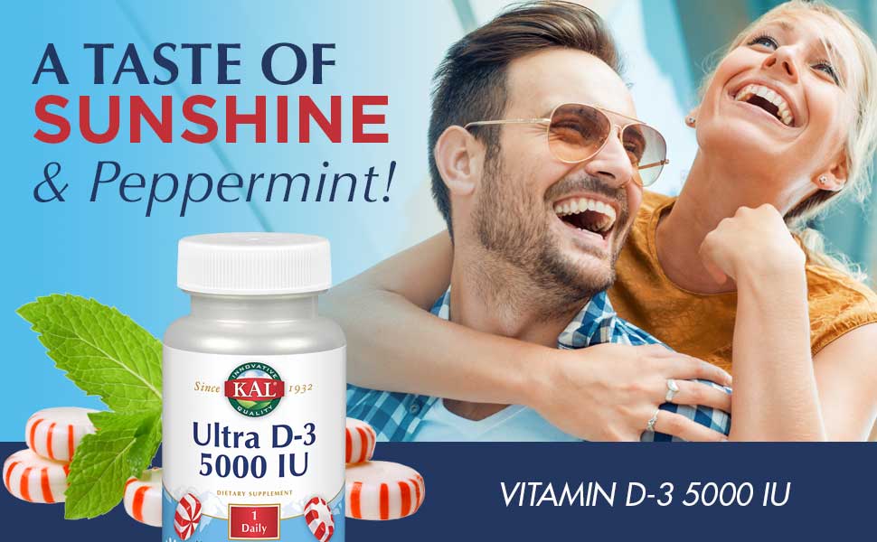 KAL Vitamin D3 5000 IU Chewable Natural Peppermint Healthy Immune Function Bone Support 60 Chewables