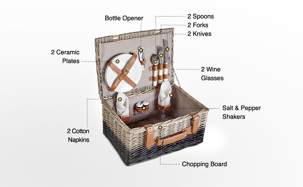 VonShef Picnic Basket for 2 Wicker Two Tone Herringbone