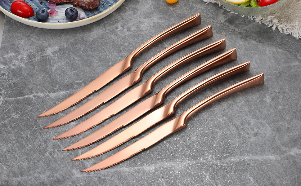 Lemeya 6 Pieces Rose Gold Steak Knives Set of 6,Stainless
