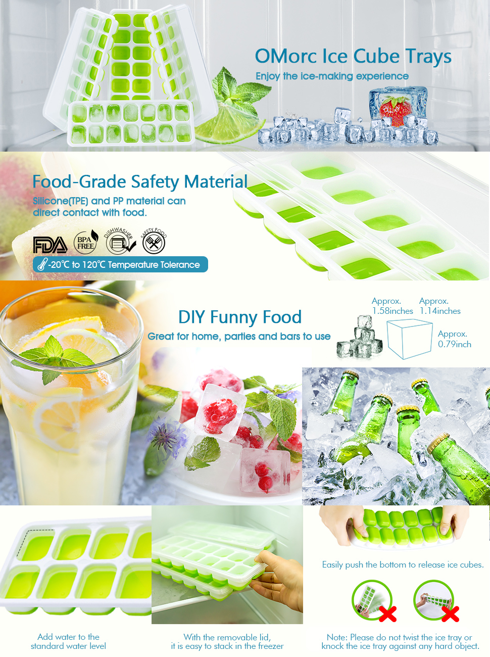 OMorc Ice Cube Trays 4 Pack, EasyRelease Silicone and