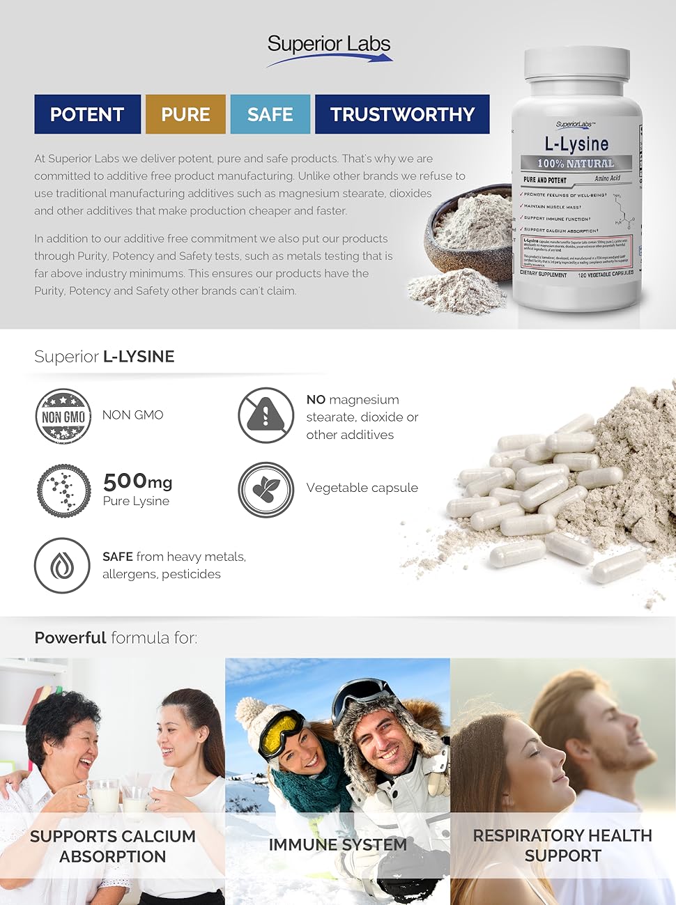 Superior Labs Best LLysine NonGMO Dietary Supplement 500 mg Pure