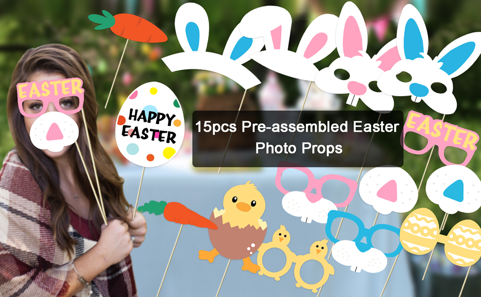 15 PCS Easter Photo Booth Props Kit Fully Assembled, No