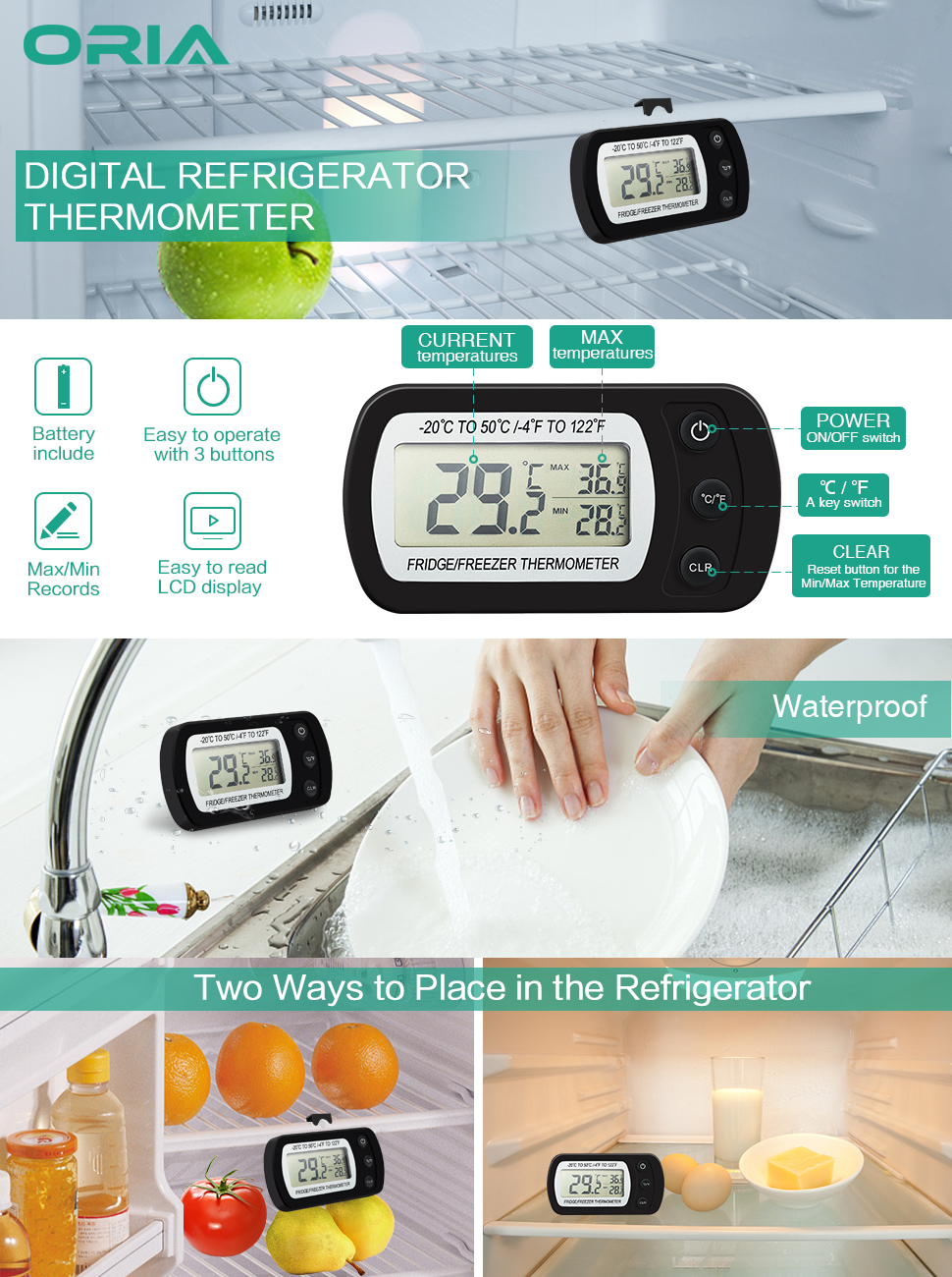 ORIA Digital Refrigerator Thermometer, Mini Freezer