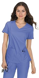 model wearing koi Basics 374 Women's Scrub Top V-Neck 