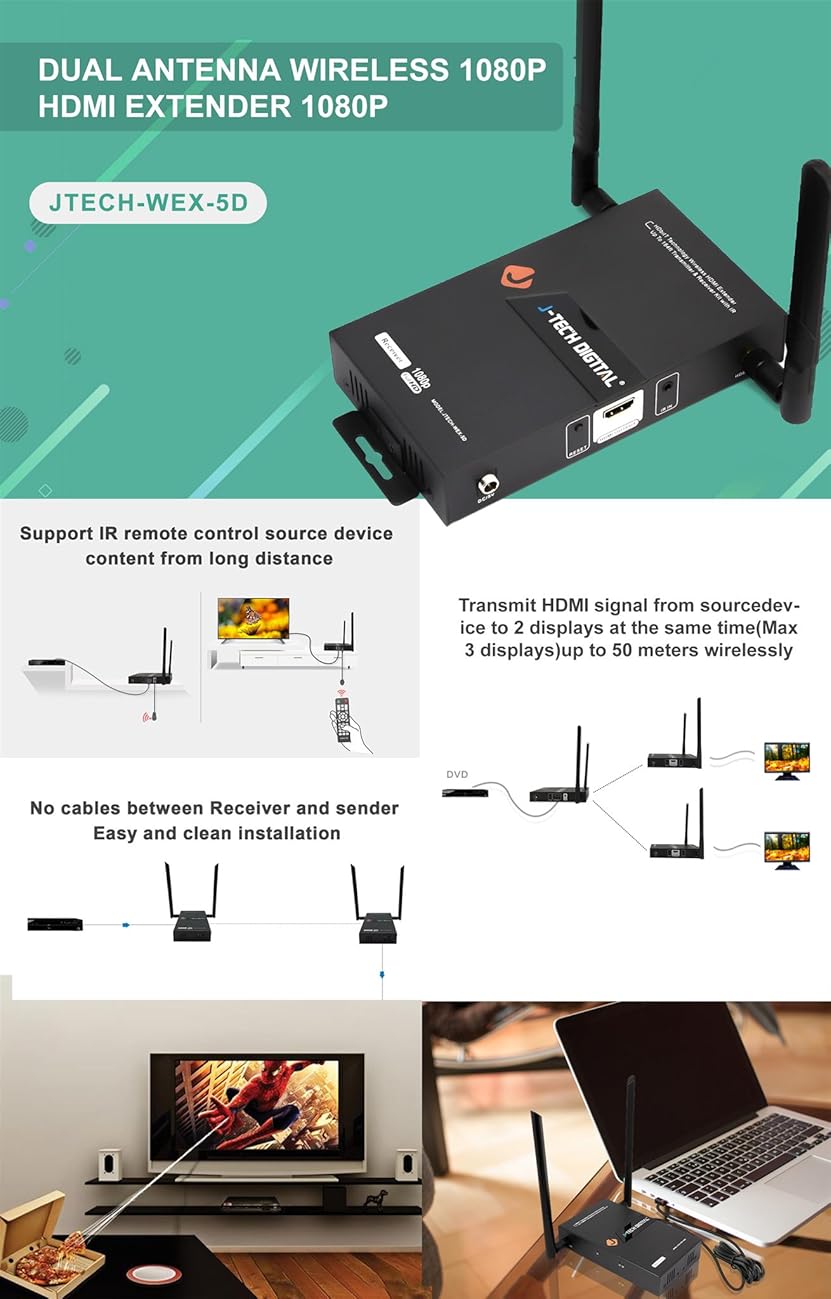 JTech Digital 1X2 Wireless HDMI Extender 200ft Dual Antenna Supporting