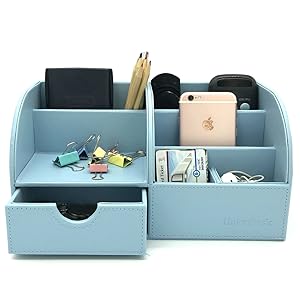 Blue Desk Organizer Box Desktop Business Card Pen Pencil Phone
