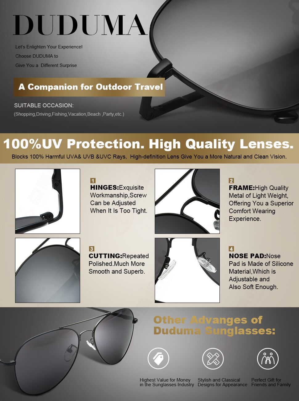 Duduma Premium Classic Aviator Sunglasses with Metal Frame