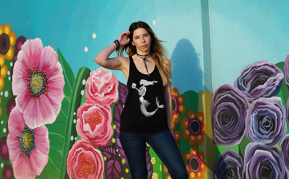 mermaid siren skeleton girls tank top shirt ocean nautical skull