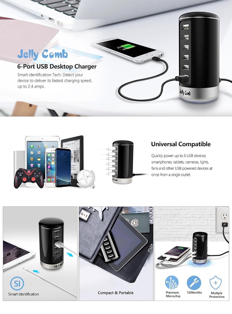 USB Charger, Jelly Comb Universal 6 Ports Desktop USB Charging Station with Smart