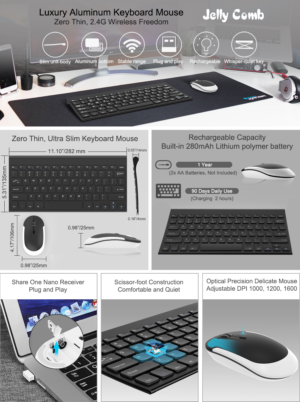 Keyboard Mouse, Jelly Comb 2.4 G Ultra Slim Rechargeable Wireless Keyboard and Mouse