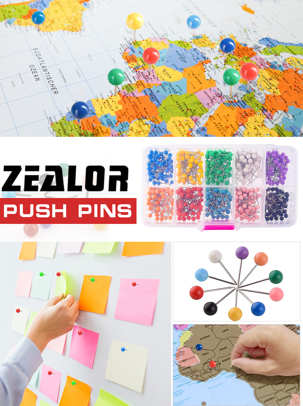 Zealor 1/8 Inch Map Push Pins, Map Tacks with 10 Assorted