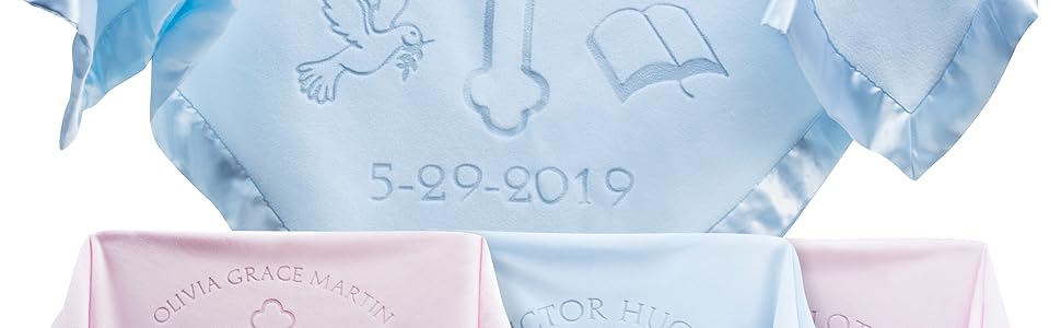 Blue and pink personalized baptism blankets with name and date