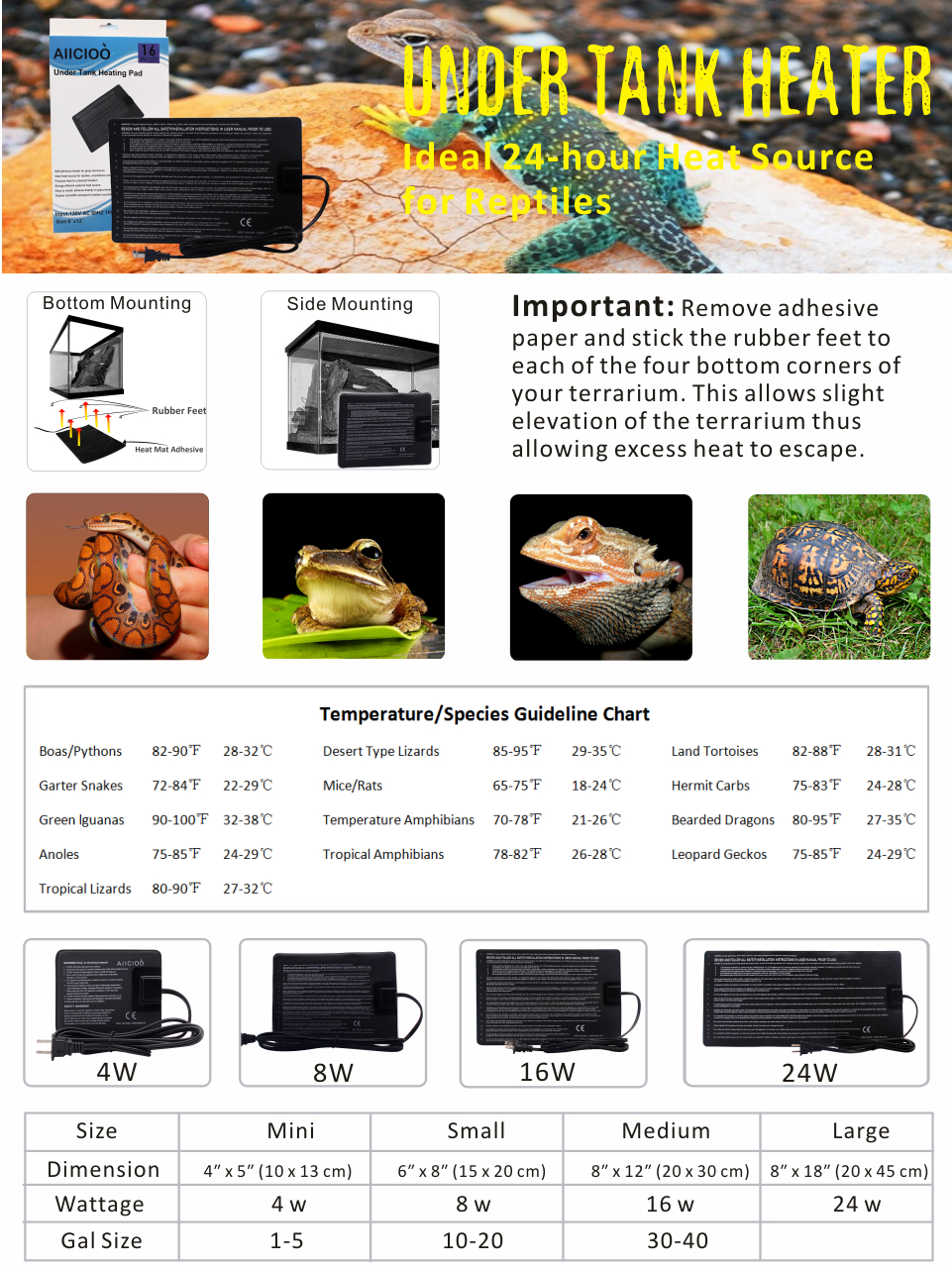 Aiicioo 16 Watt Durable Under Tank Heating Pad 8x12 Inch Reptile Heater