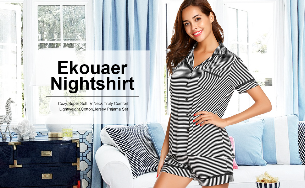 Ekouaer Pajamas Soft Striped Women S Short Sleeve Button Sleepwear