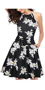 Women's Halter Neck Floral Summer Dress Casual Sundress with Pockets