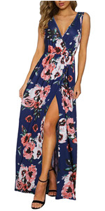KILIG Women's Sexy Deep V-Neck Sleeveless Floral Print Split Maxi Dress with Pockets