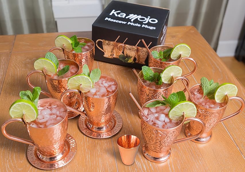 Kamojo Moscow Mule Copper Mugs Set Pure Copper Coasters