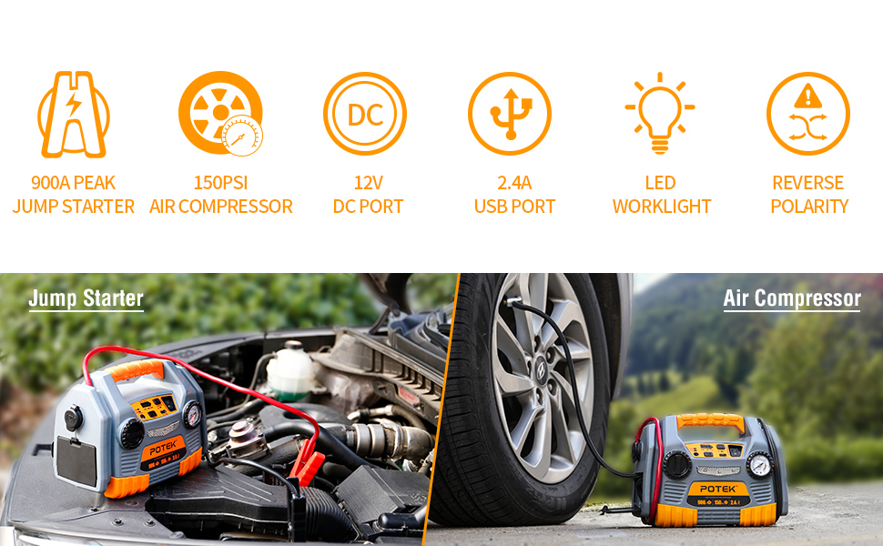 POTEK Jump Starter 900 Peak Amps Power Station with 150 PSI