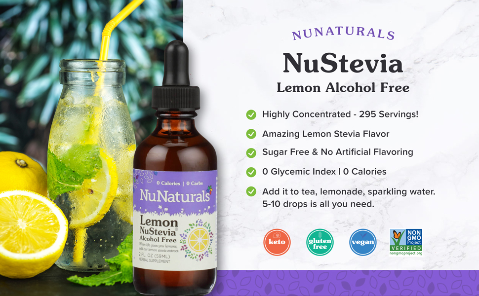 NuNaturals NuStevia Liquid Lemon Stevia Alcohol Free Natural Liquid