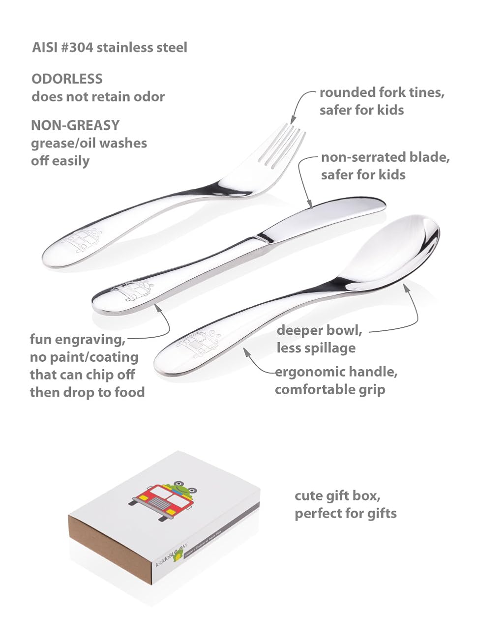 Kiddobloom Kids Stainless Steel Utensil Set, Fire Truck