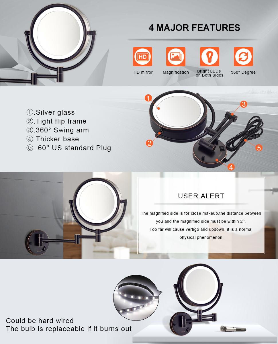 GURUN LED Lighted Wall Mount Makeup Mirror with 10x