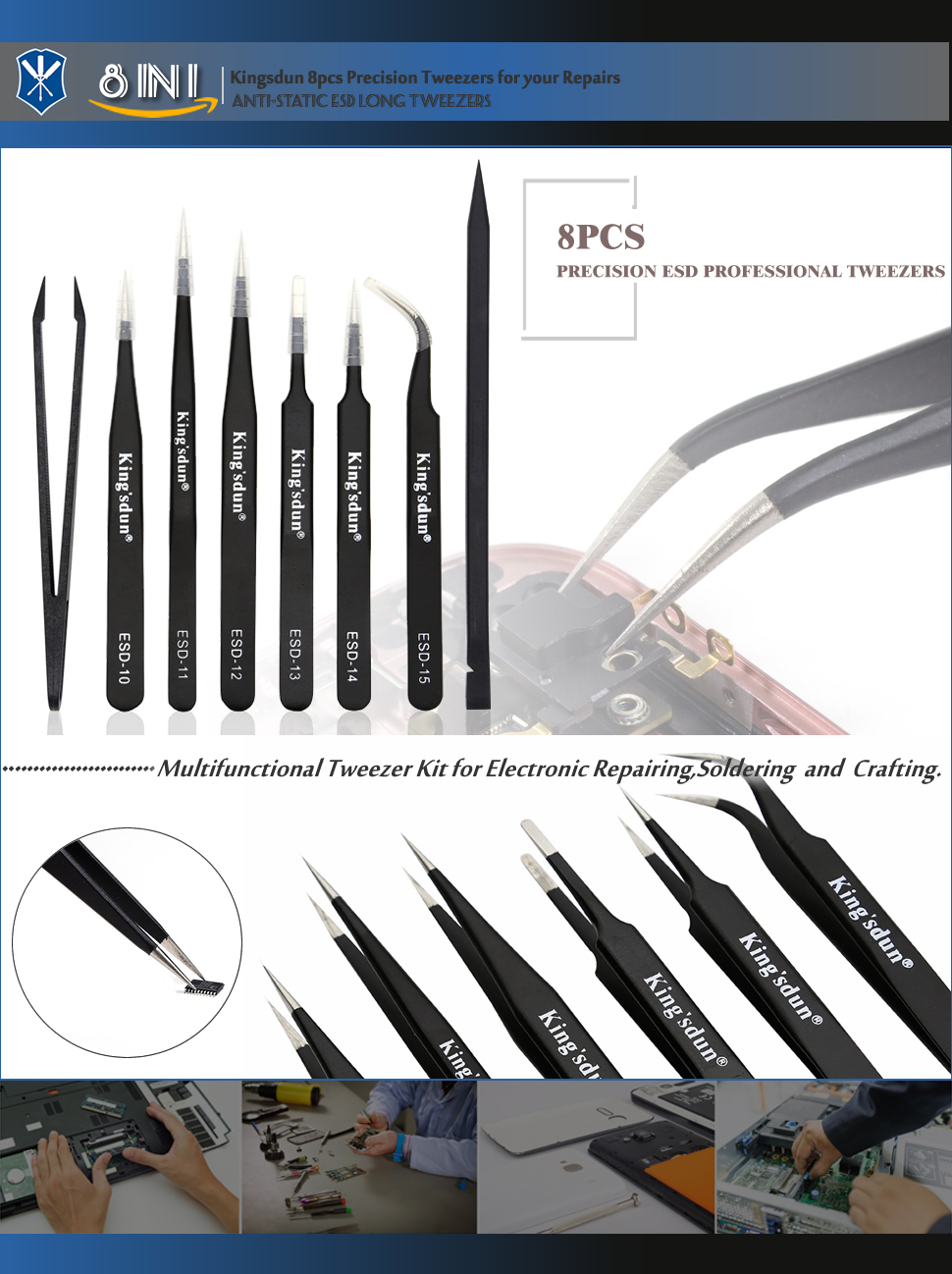 Kingsdun 8pcs Pointed Precision Tweezers Set Professional AntiStatic