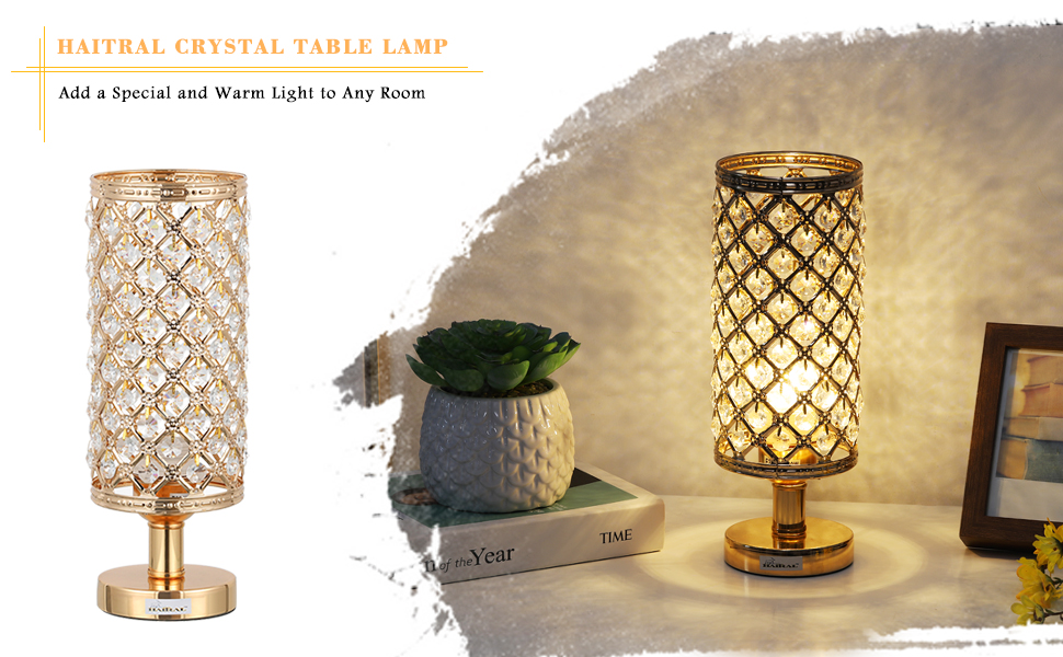 HAITRAL Gold Crystal Table Lamp Vintage Nightstand Gold Lamp with
