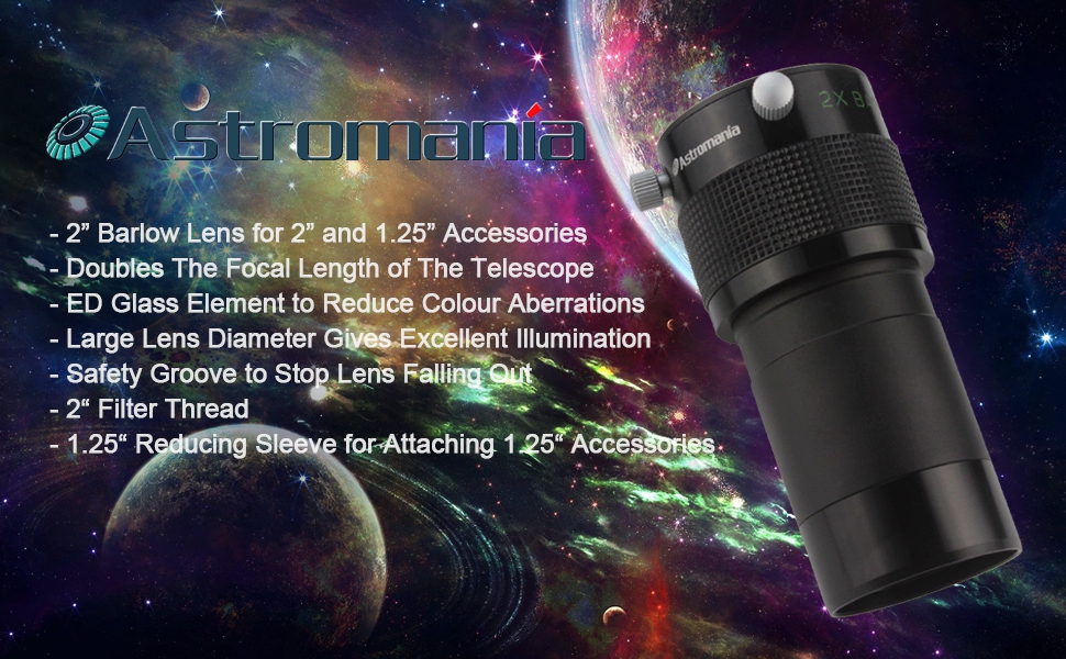 Astromania 2" ED 2X Dual Power Telescope Barlow Lens for