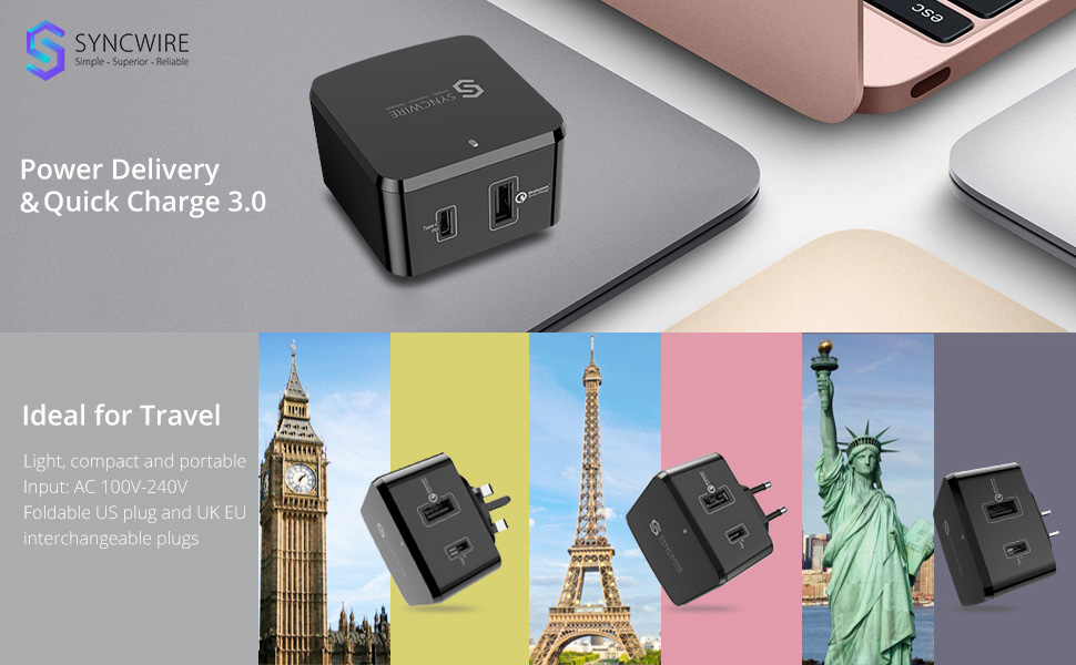 Amazon Com Usb C Charger Syncwire 48w Wall Charger Foldable Us Plug Pd 3 0 Type C Fast Charger Dual Port Usb Travel Charger With Extra Eu Uk Plug For Usb C Laptops Iphone Ipad