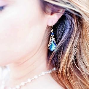 Bermuda Blue Crystal Teardrop Filigree Earrings with Crystal from Swarovski