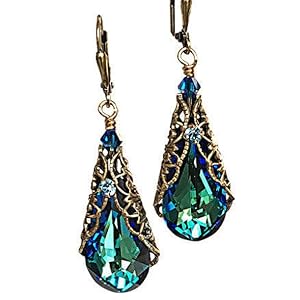 Bermuda Blue Crystal Filigree Jewelry Dangle Leverback Earrings with Swarovski Crystal