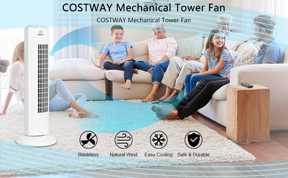 COSTWAY 28" Oscillating Tower Fan Quiet Set Whole Room Bladeless