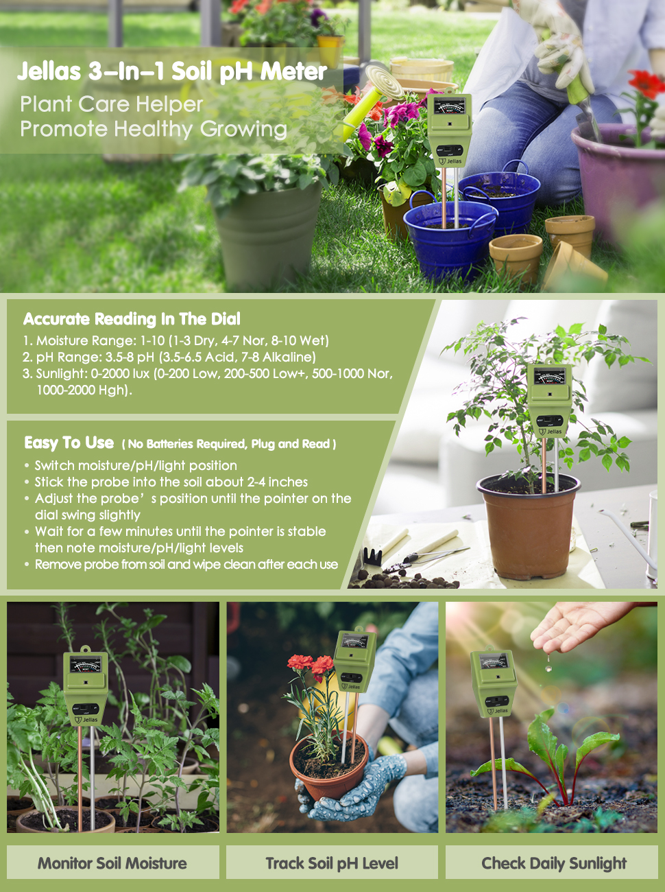 Jellas Soil Moisture Meter, 3in1 Soil pH Meter Moisture