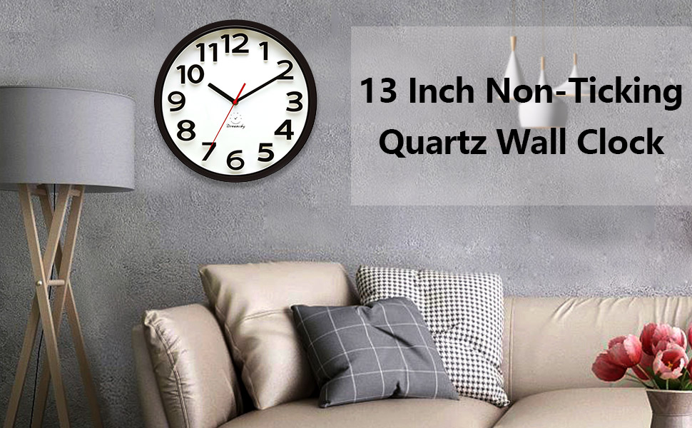DreamSky 13 Inch Large Wall Clock, NonTicking Silent Quartz Decorative Clocks, Battery Operated